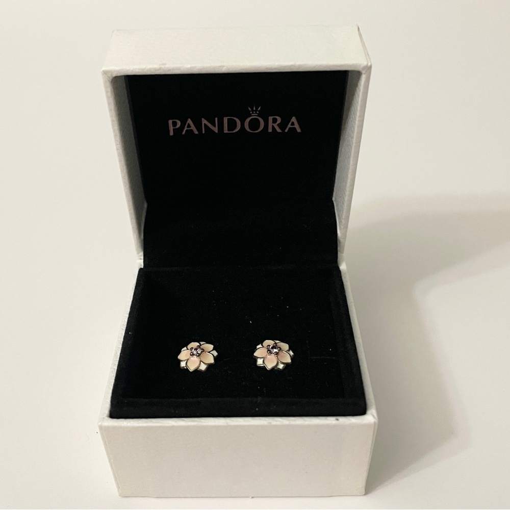 Pandora Magnolia Bloom Enamel Stud Earrings S925 ALE Sterling Silver
